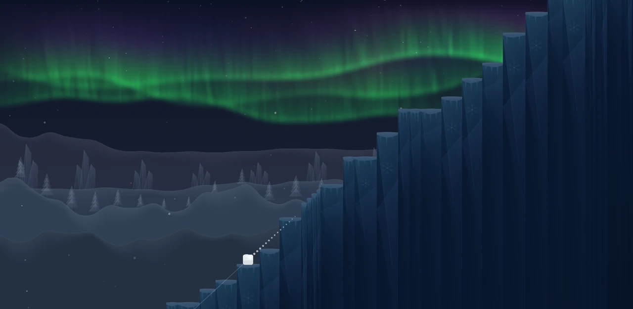 A small white cube aiming up a staircase of ice towers under green northern lights