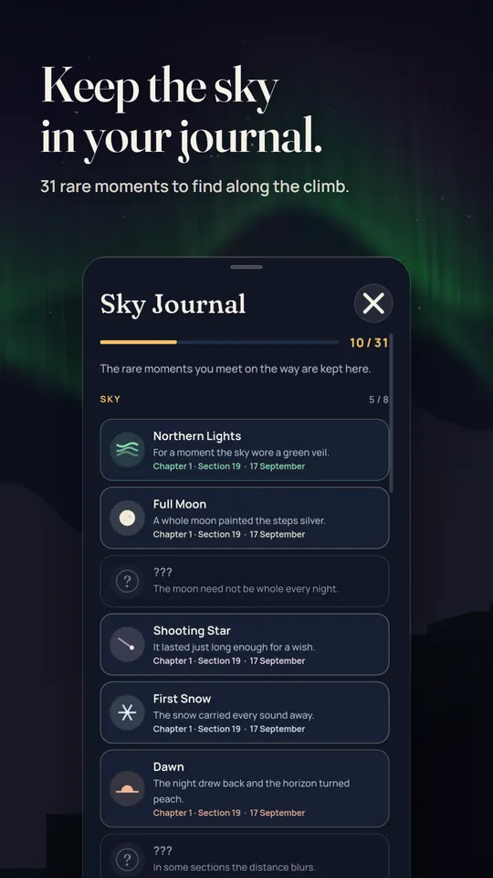 Sky Journal listing rare moments such as Northern Lights and Full Moon