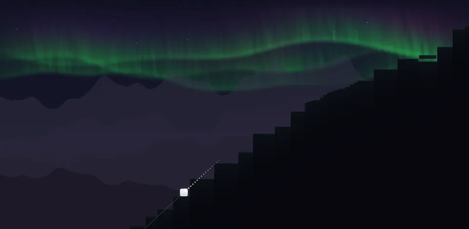 Green northern lights over a dark staircase