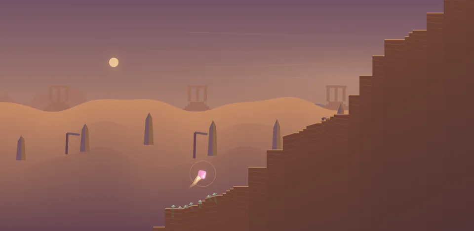 A pink cube flying on a rocket over desert ruins