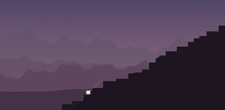 The cube on a dark staircase below lilac evening hills