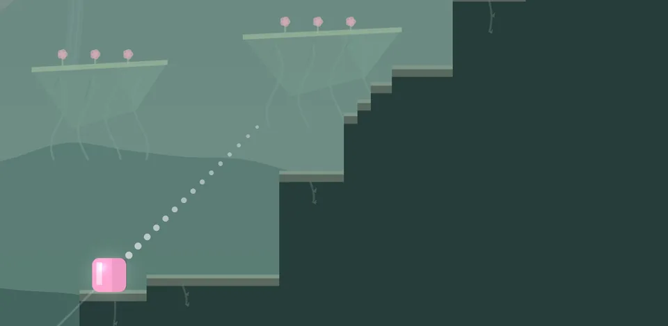 A pink cube below floating garden platforms
