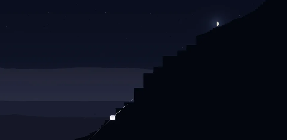 A dark staircase under a crescent moon